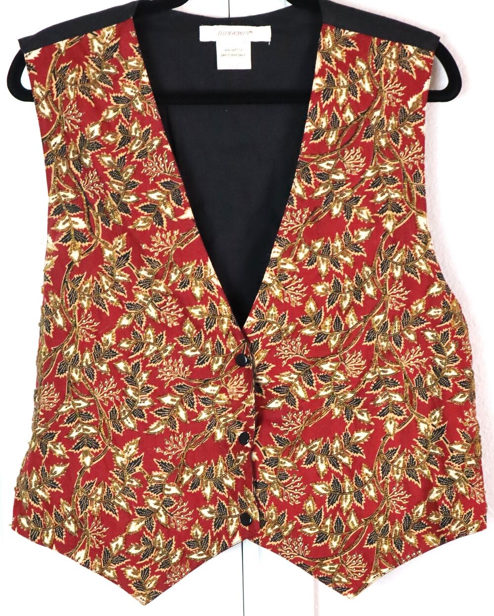 Vintage 90s Ellen Ashley Red Beaded Vest Fall Leaves Large Cotton Button